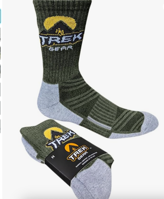 TrekGear Merino Wool Hiking sock Crew LARGE size Army Green and Gray Color