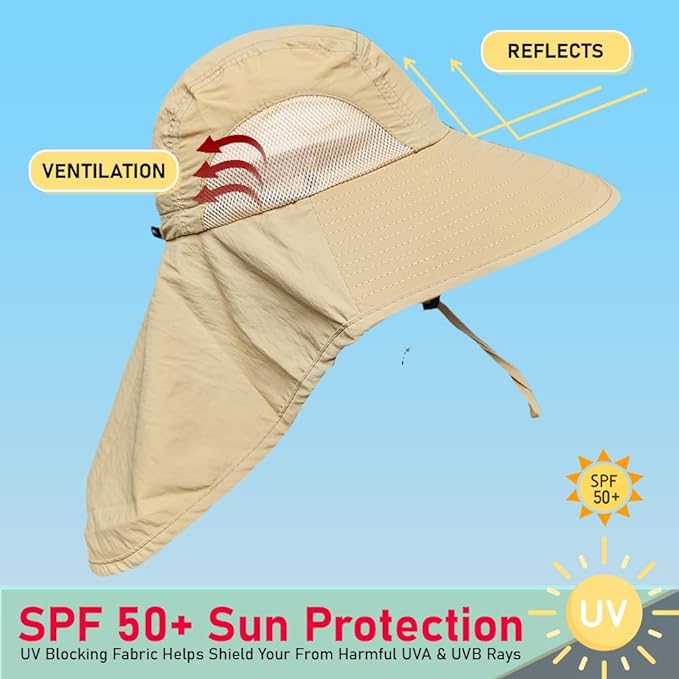 TrekGear Wide Brim UV Protection Sun Hats for Hiking with Large Neck Flap for Women and Men Khaki Color