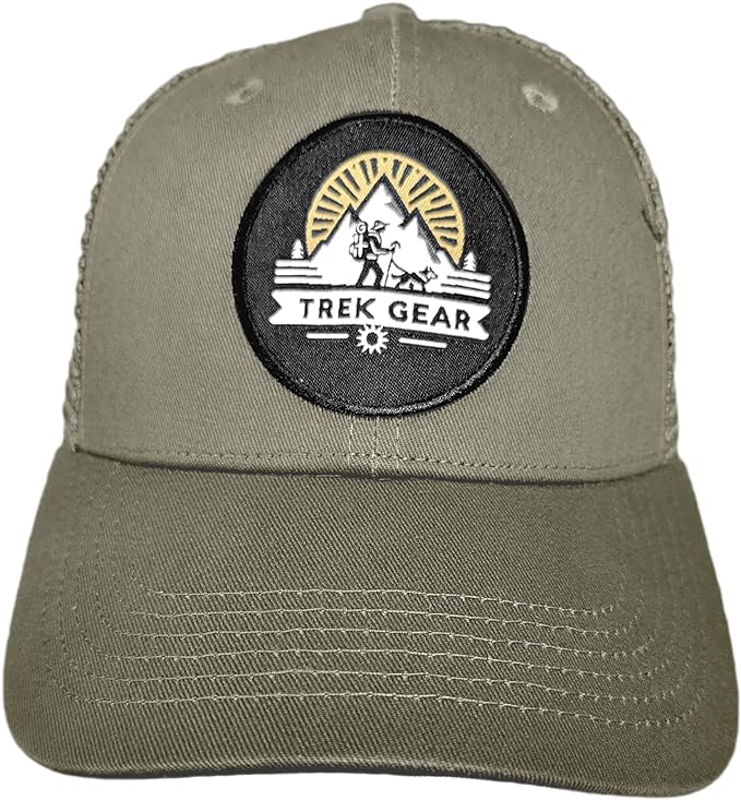 TrekGear Cap Cotton Canvas and Mesh Adjustable Sun Protection Cap with Embroidered Trek Gear Logo for Men and Women.  Green, Blue, Brown, and Black