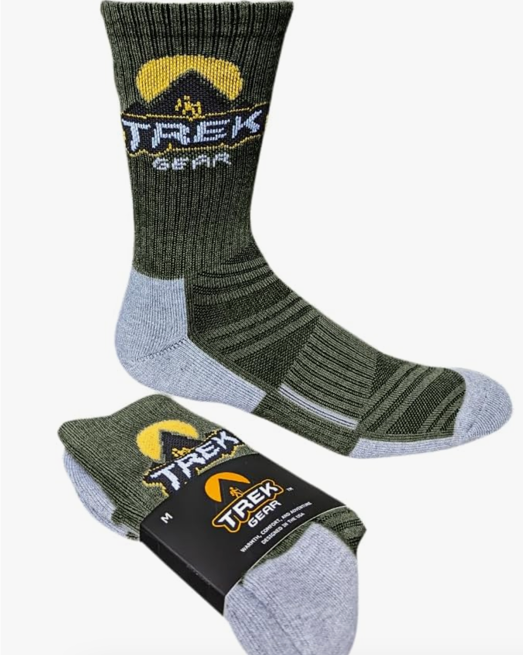 TrekGear Merino Wool Hicking sock Crew MEDIUM size Army Green and Gray Color - One Pair