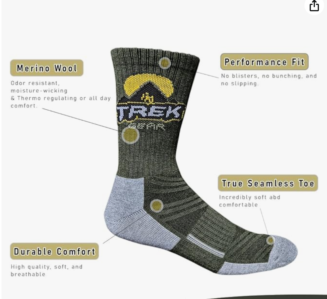 TrekGear Merino Wool Hicking sock Crew MEDIUM size Army Green and Gray Color - One Pair